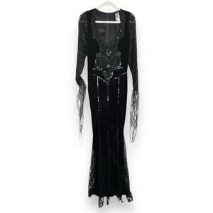Frightfully Beautiful Witch Black Velvet Dress Halloween Costume Sz M Lace Gown